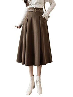 Wool Midi Skirt High Waisted A-Line Pleated Belted Fall Winter